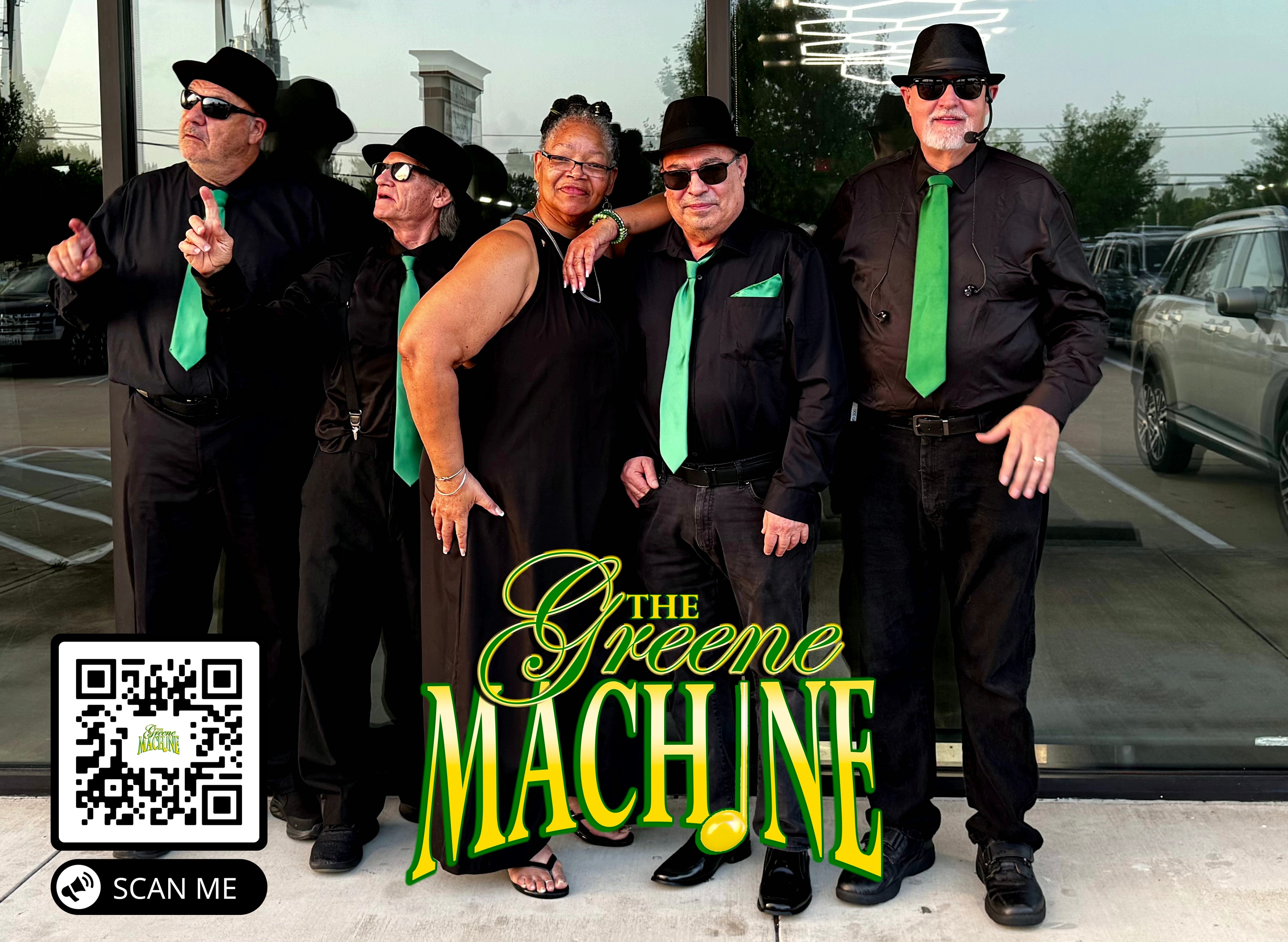 The Greene Machine — five members in black suits and green ties